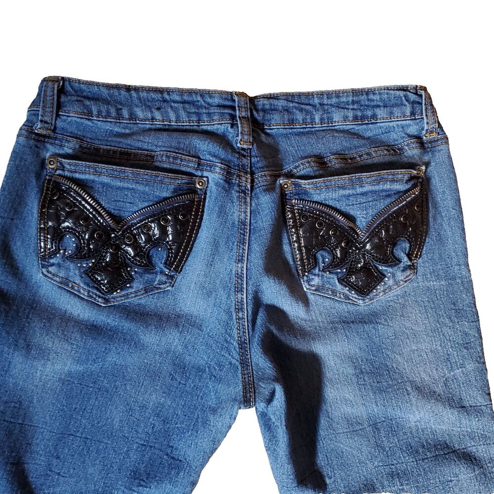 Southpole Low Rise Capri Denim Jeans Junior Sz 11 Faux Leather Studs Y2K Grunge